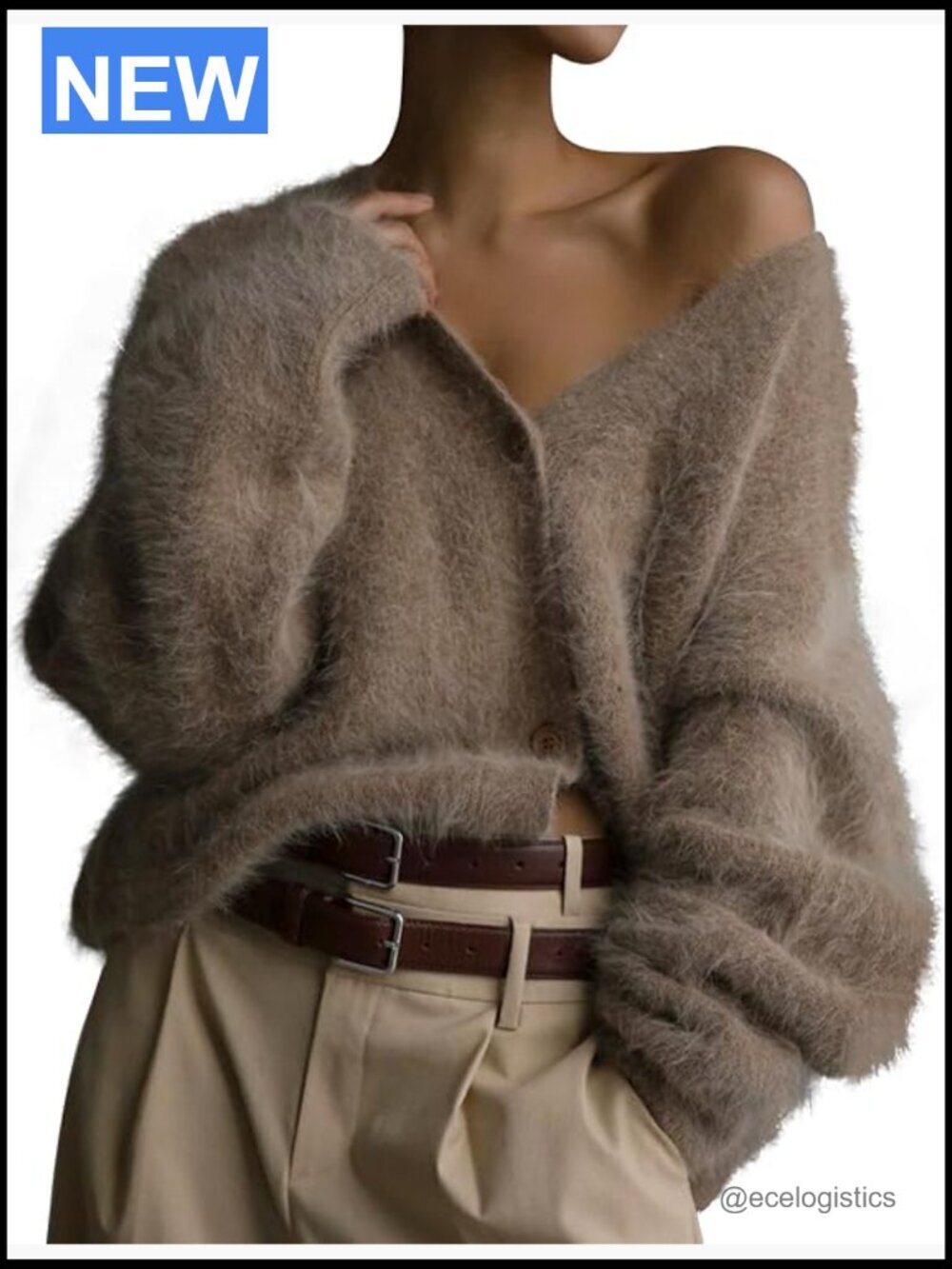 Fuzzy V-Neck Cardigan Sweater Long Sleeve Button Down Drop Shoulder